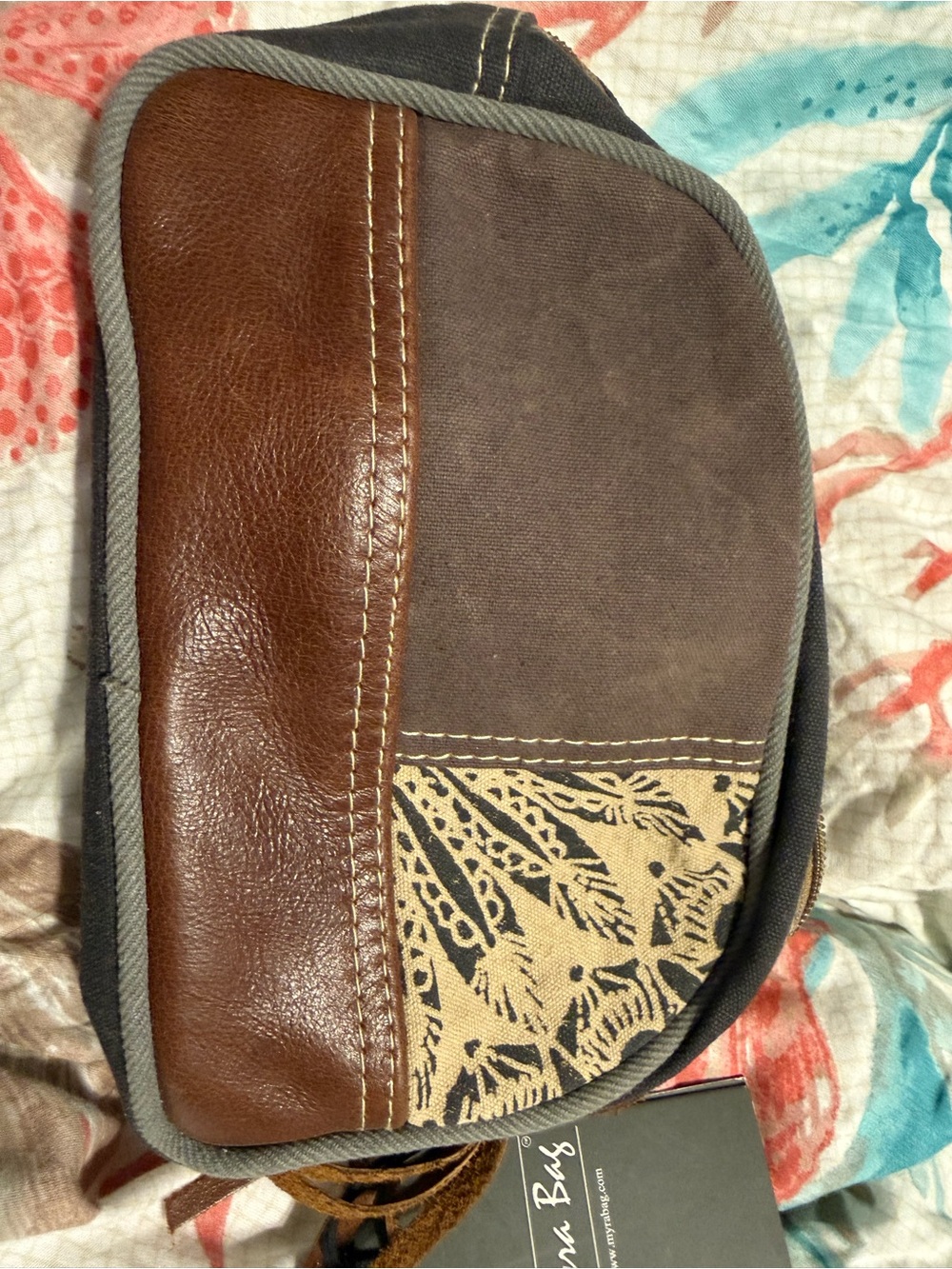 Myra Bag Brown Canvas & Leather Toiletry Pouch with Printed Accent